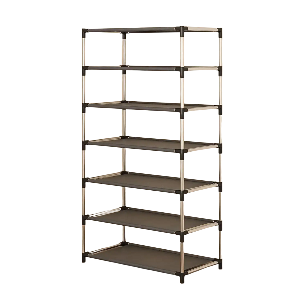 A sleek five-tier metal shoe rack with silver frames and dark gray fabric shelves waterproof storage organizer for entryway dorm