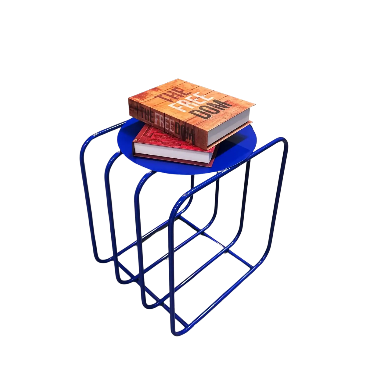 Blue metal side table with curved frame and circular top featuring minimalist magazine rack storage design