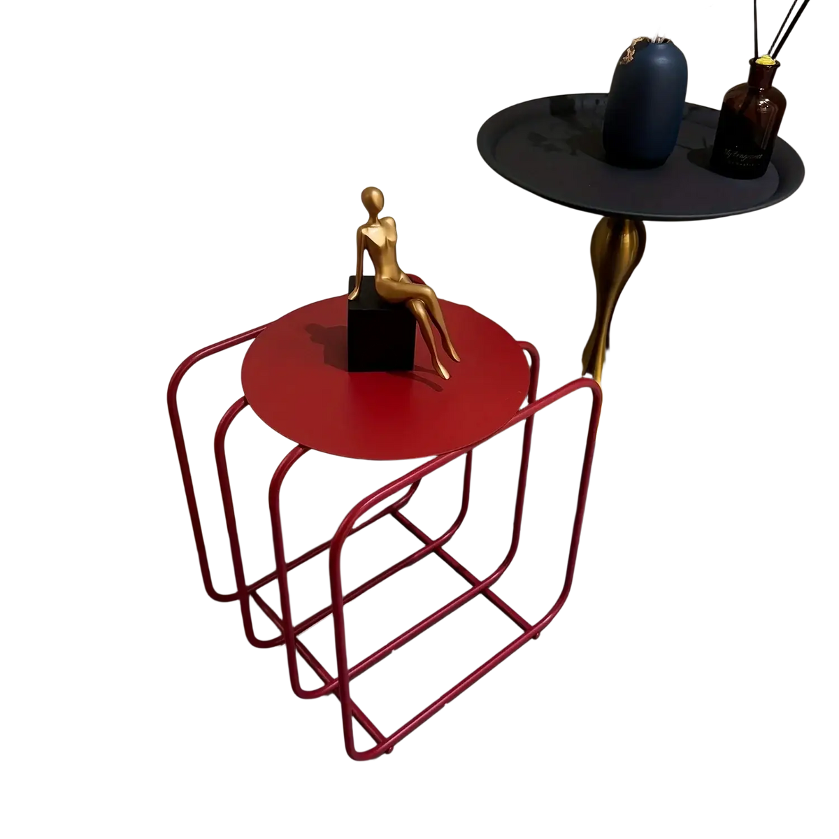 Red circular metal side table with sleek minimalist frame and integrated magazine rack for storage and organization