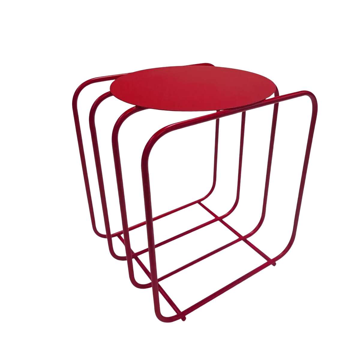 Red circular-top metal side table with minimalist frame and magazine rack for modern storage solutions