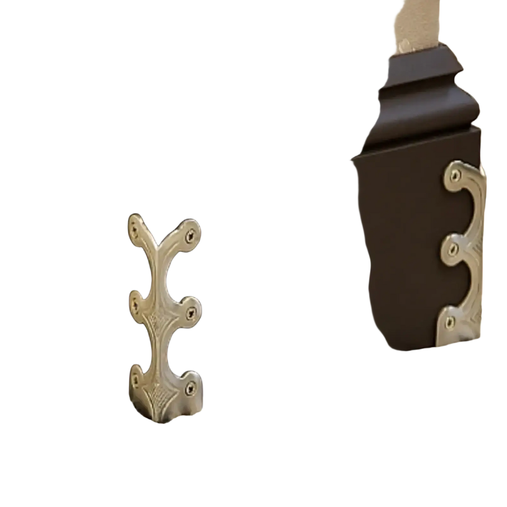 Dark brown wooden box with ornate silver metal corner brackets for metal skirting board edge guards and corner protectors