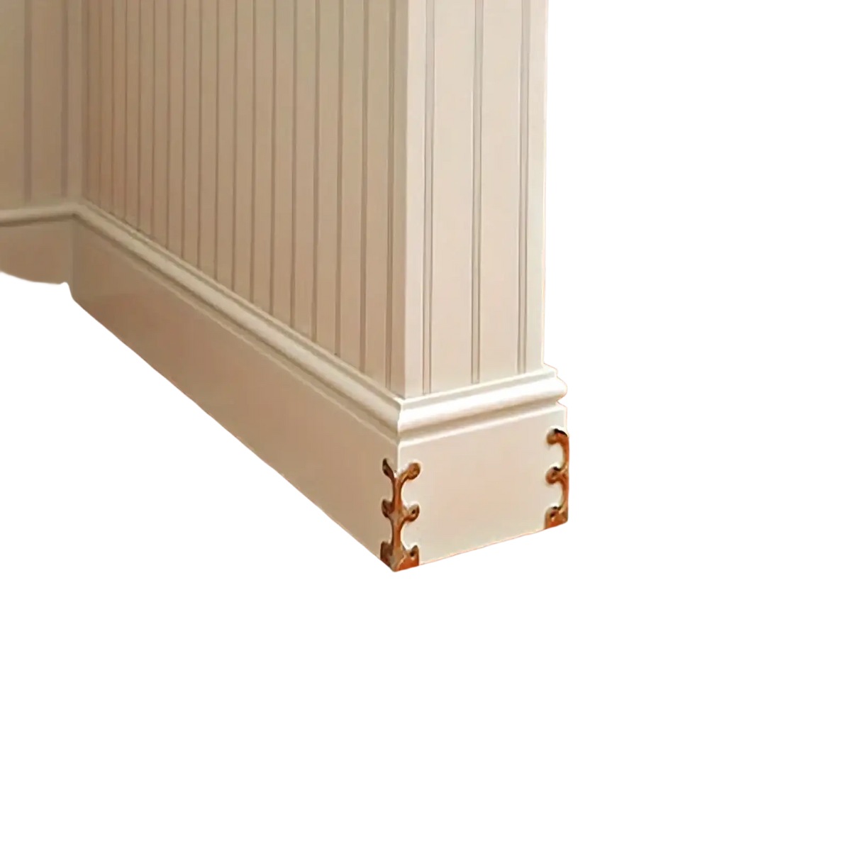 White decorative baseboard corner piece with ornate gold metal accents for metal skirting board edge guards and protectors
