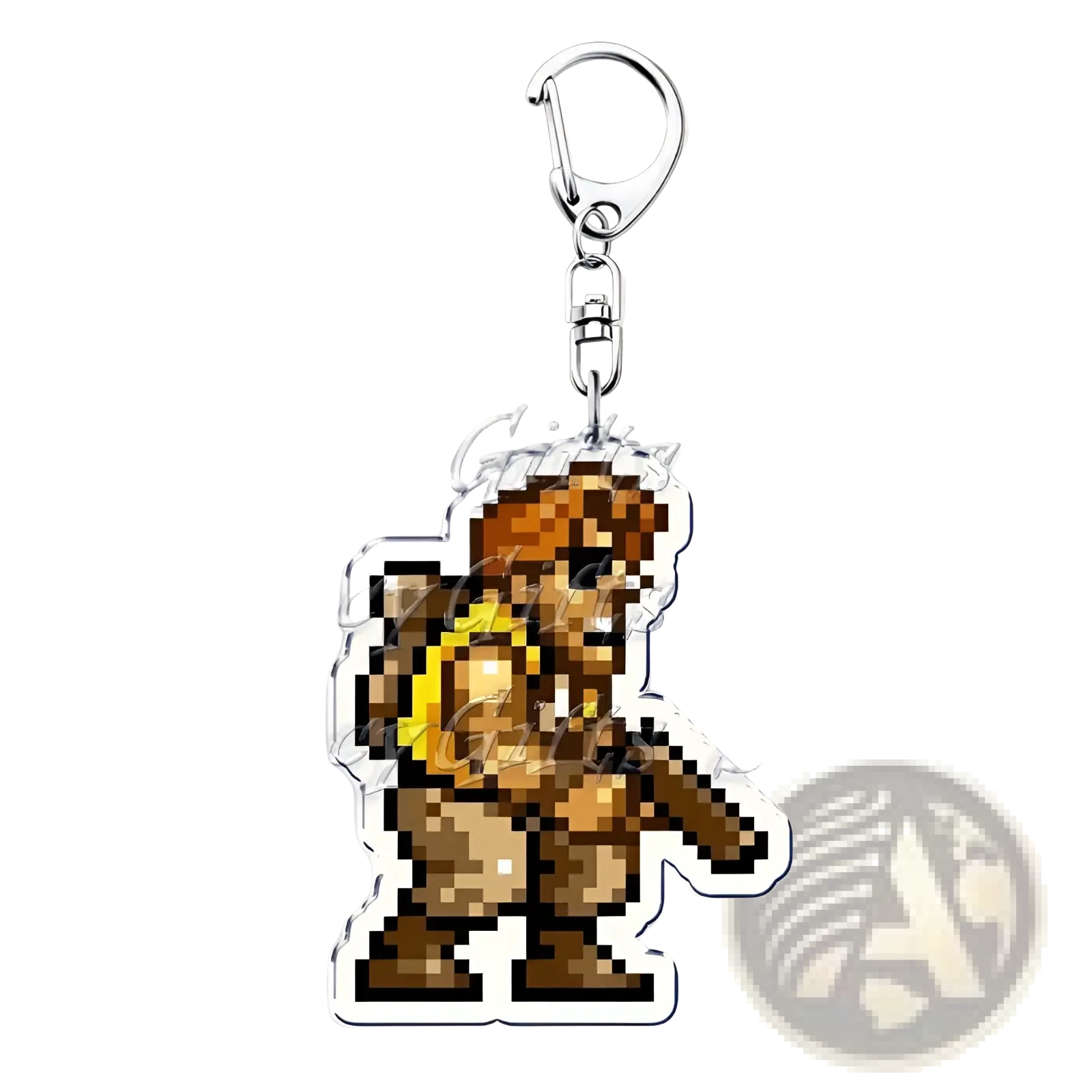 Metal slug pixel art anime gaming keychain featuring a brown muscular character with yellow armor and black eyes