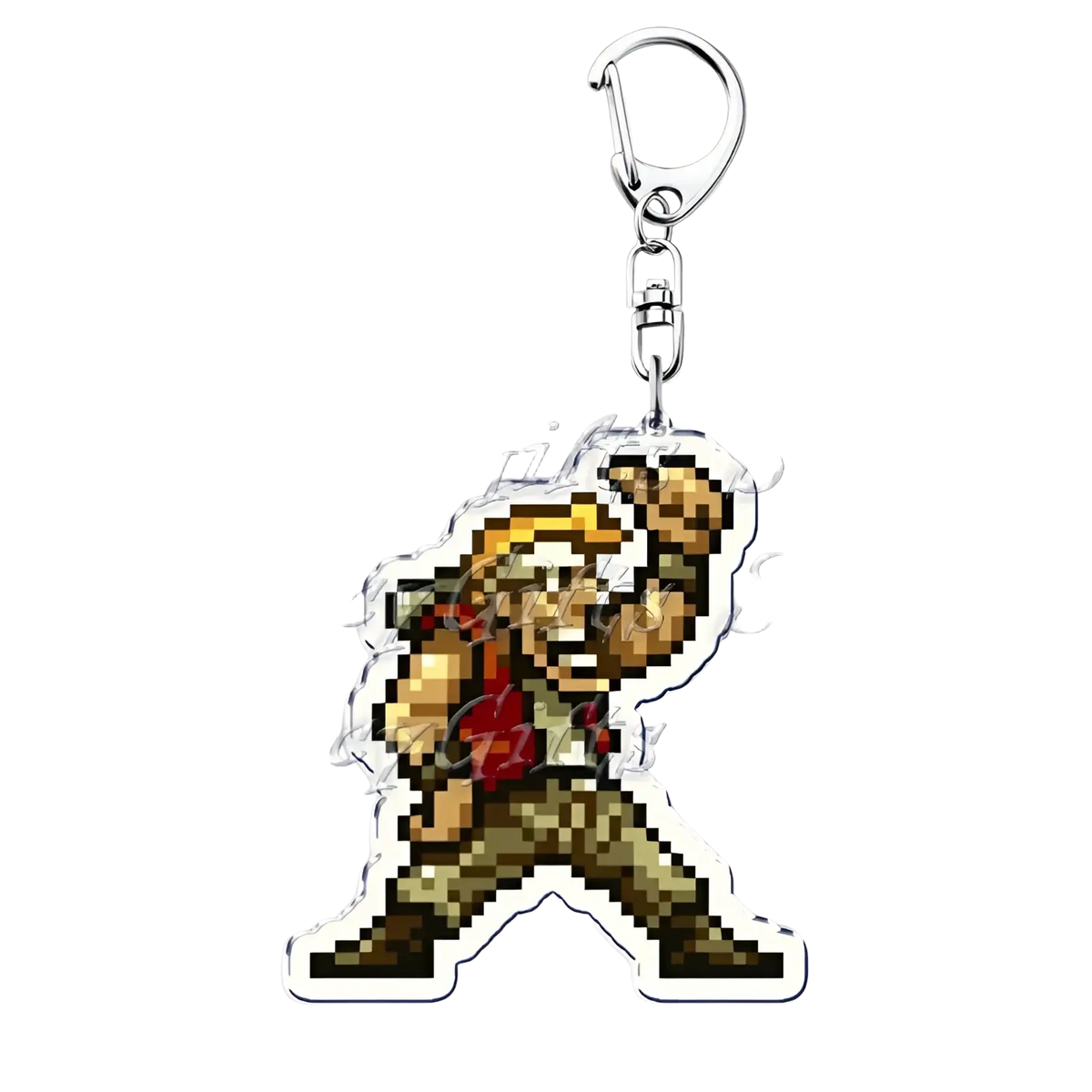 Pixel-art acrylic metal slug keychain featuring a classic video game character in brown and tan tones on white background