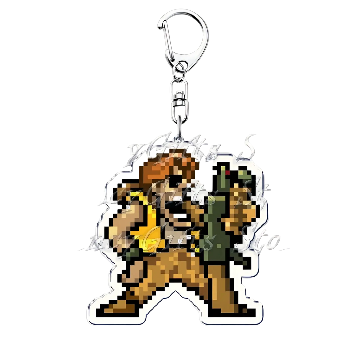 Pixel-art acrylic Metal Slug keychain featuring a brown-haired character in yellow armor with a green weapon and silver clasp