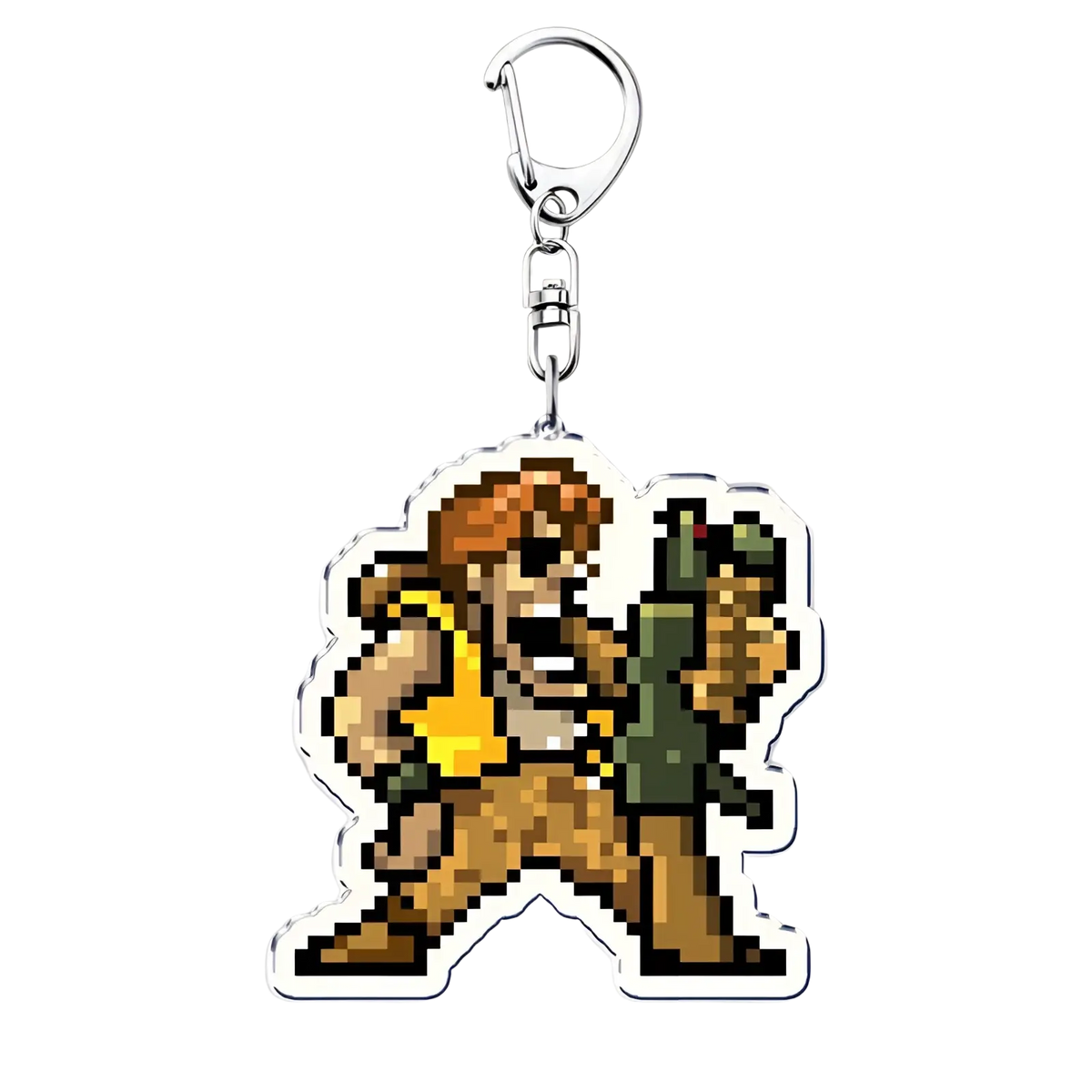 Metal Slug pixel art anime gaming keychain featuring muscular character with orange hair and green weapon acrylic design