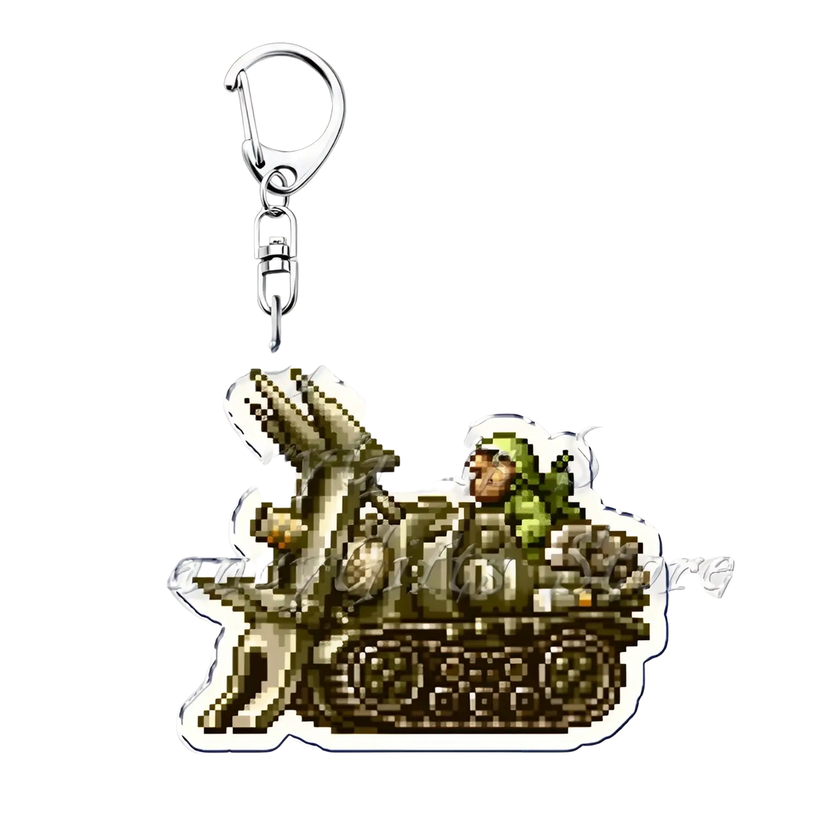 Metal slug pixel art anime gaming keychain featuring a pixel-art acrylic green military tank with soldier in olive tones