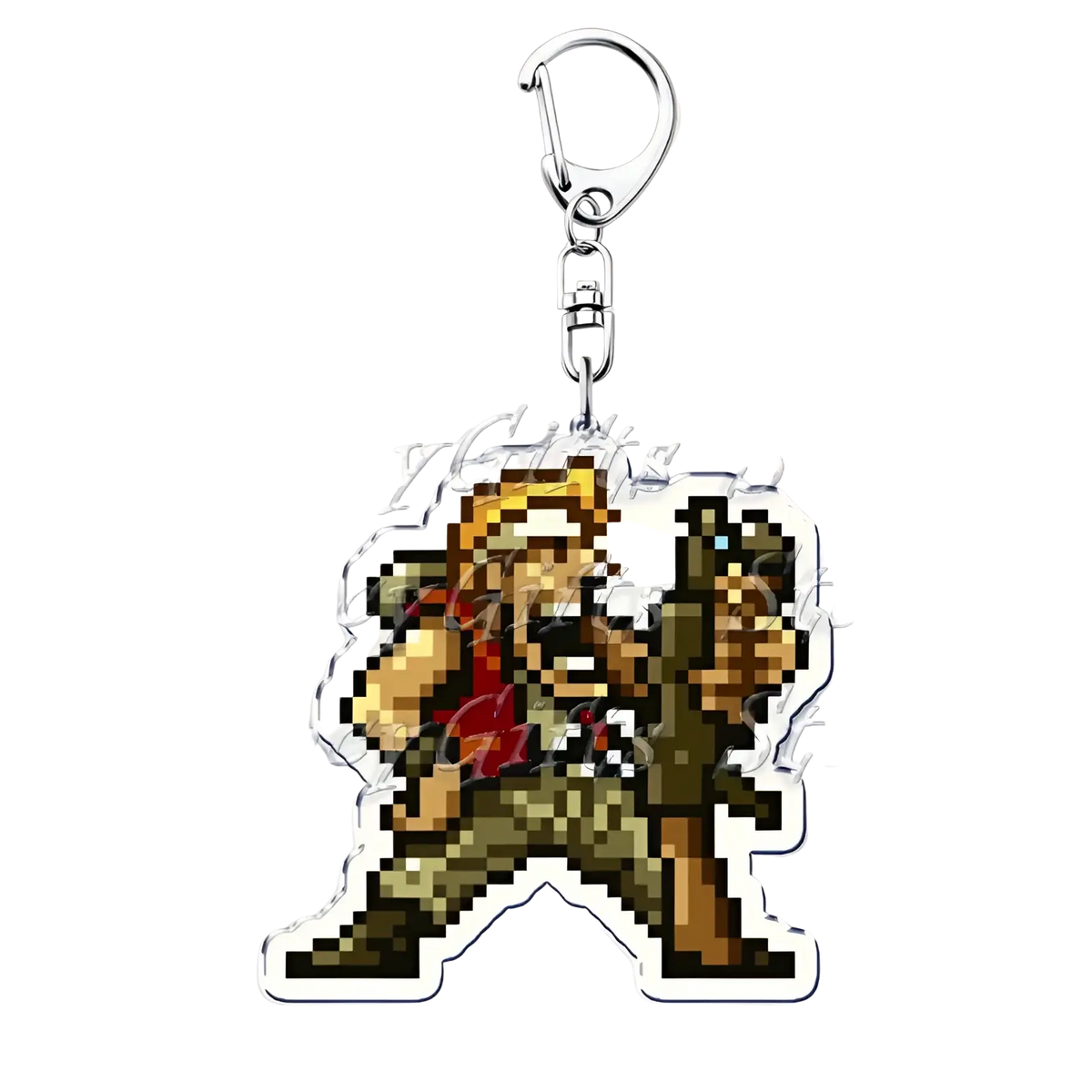 Metal slug pixel art acrylic keychain featuring a character in camouflage pants red vest holding rifle with silver clasp