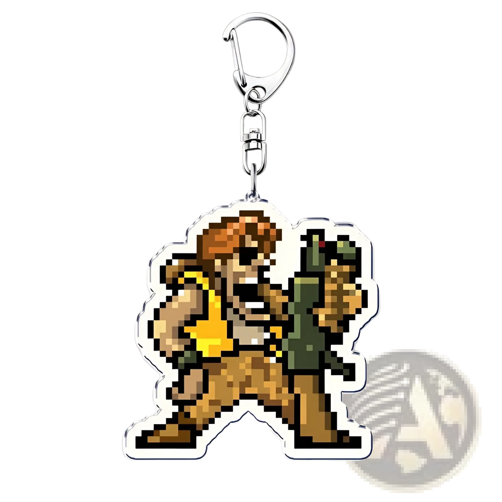 Metal Slug pixel art anime gaming keychain featuring muscular character with orange hair and green weapon acrylic design