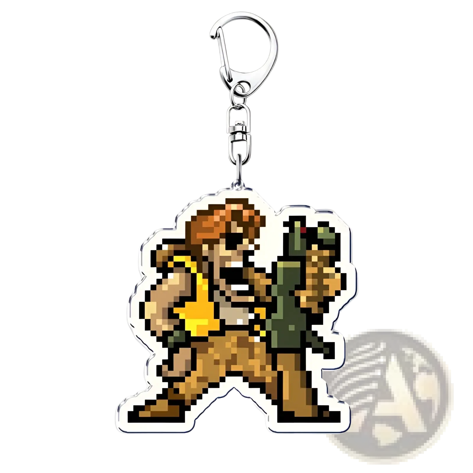 Metal Slug pixel art anime gaming keychain featuring muscular character with orange hair and green weapon acrylic design