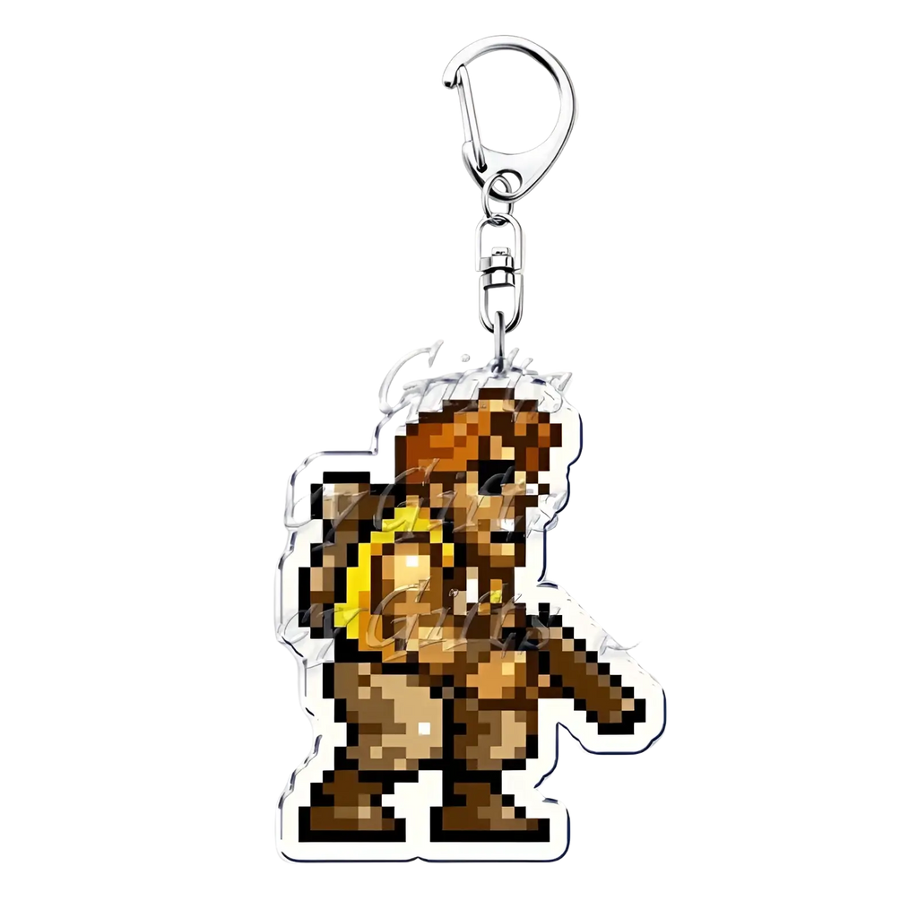 Metal slug pixel art anime gaming keychain featuring a brown muscular character with yellow armor and black eyes