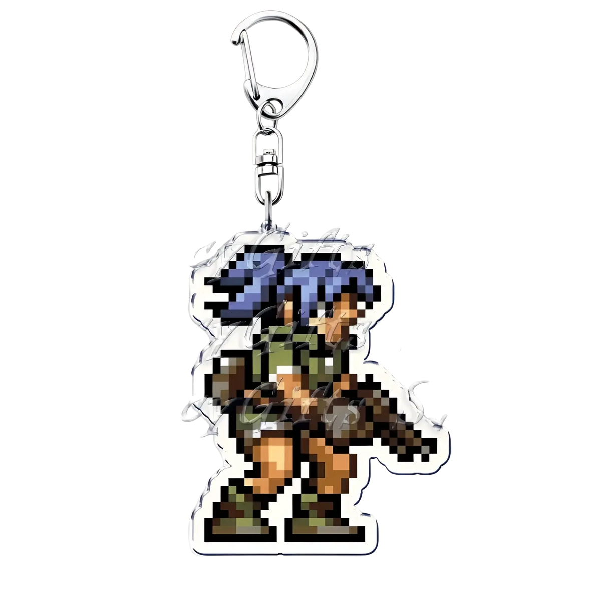 Metal slug pixel art anime gaming keychain with blue hair character in green armor on clear acrylic in 8-bit style