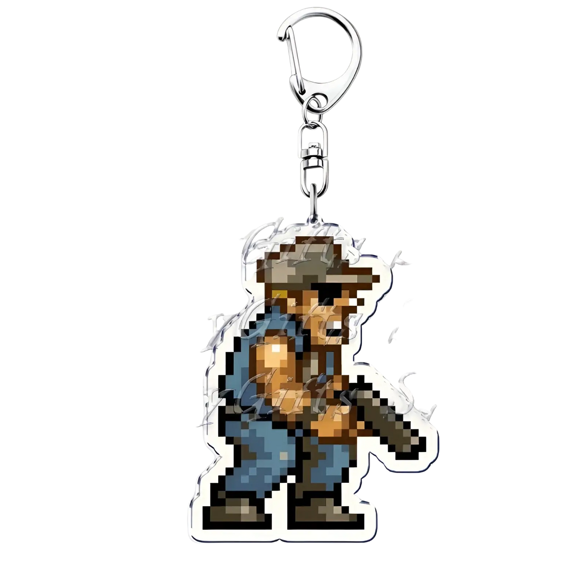 Metal slug pixel art anime gaming keychain featuring a pixel-art character in blue overalls and brown hat