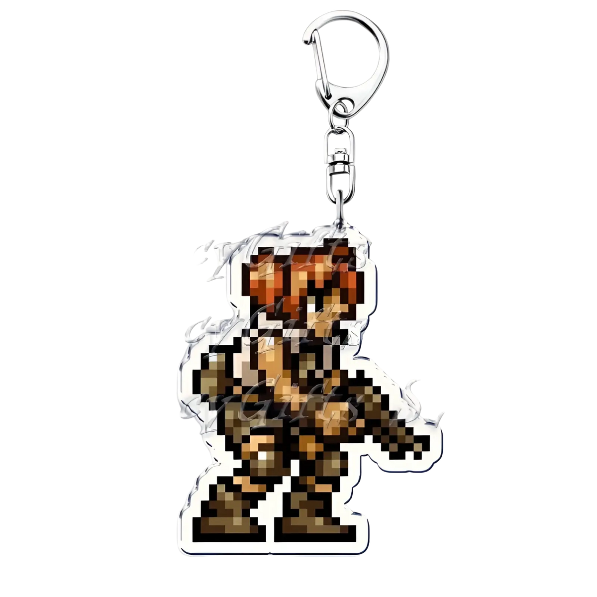 Metal Slug pixel art anime gaming keychain featuring orange hair character in brown armor with a silver metal clasp