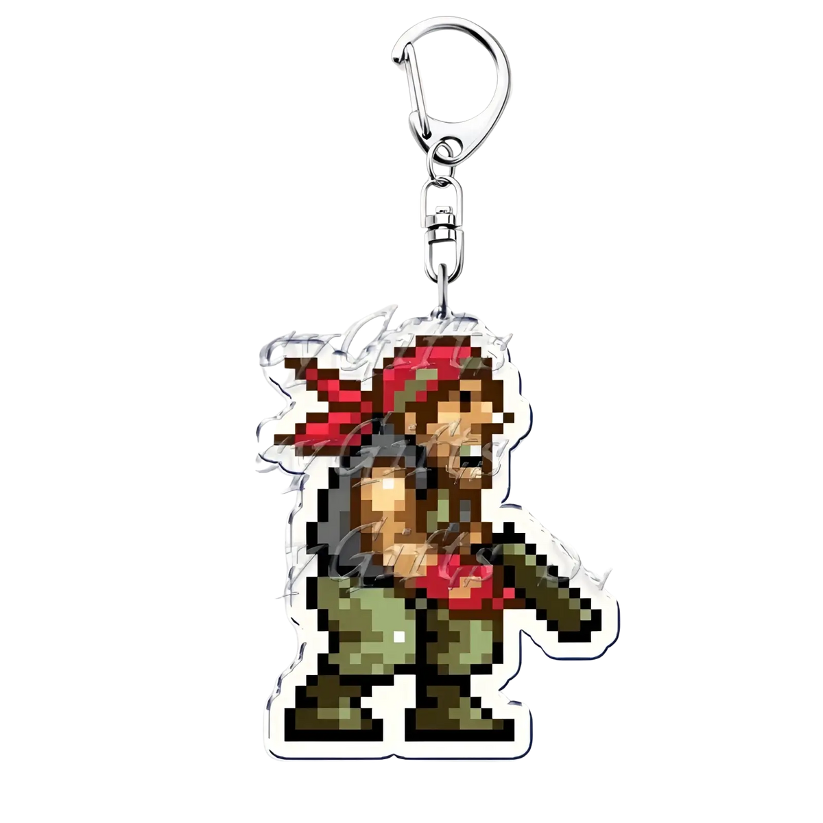 Metal Slug pixel art anime gaming keychain featuring a red bandana character in clear acrylic with silver clasp