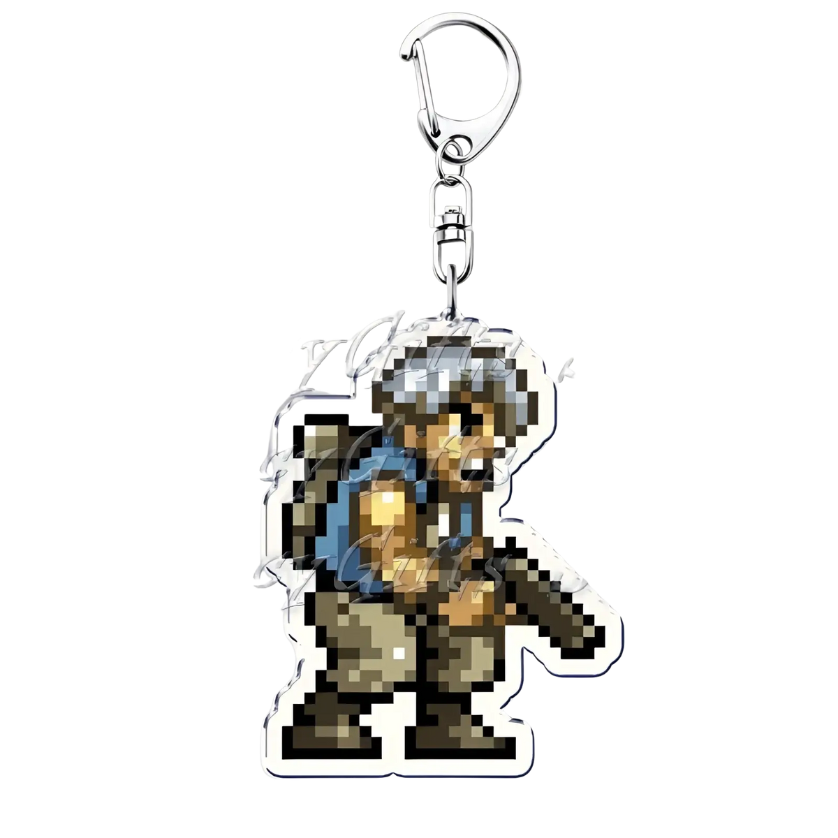 Metal Slug pixel art anime gaming keychain featuring a silver haired character with blue backpack and brown outfit in pixel style