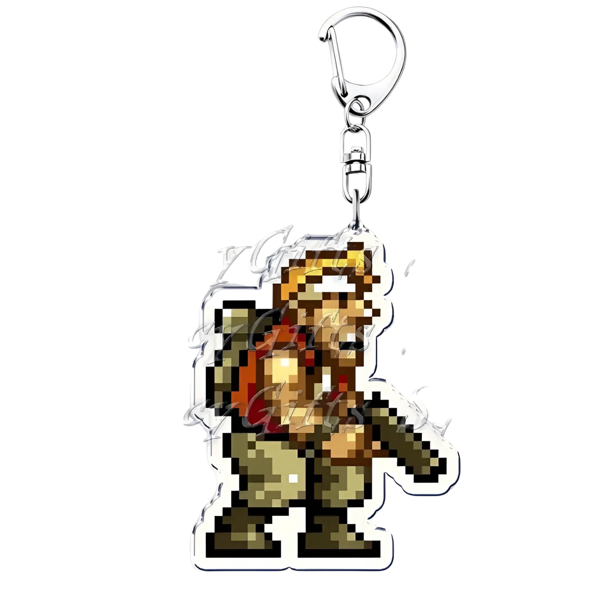 Metal slug pixel art anime gaming keychain featuring a blonde character in green armor with a red backpack in pixel art style