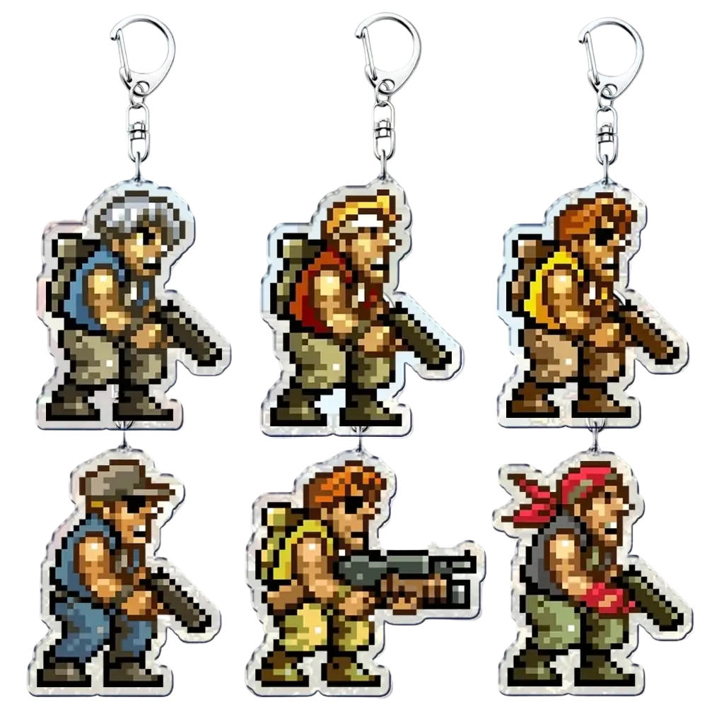 Metal slug pixel art anime gaming keychains featuring retro-style pixel soldier characters with silver metal clips