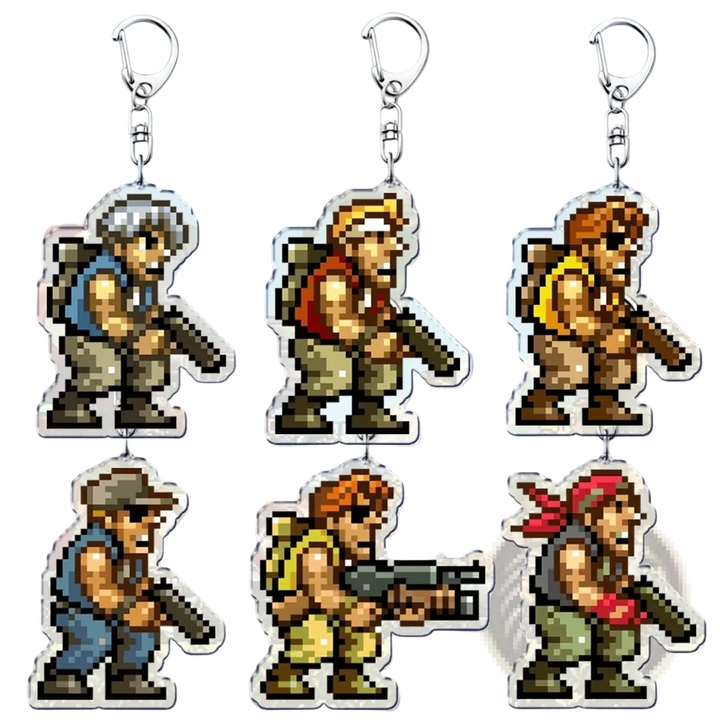 Metal slug pixel art anime gaming keychains featuring retro-style pixel soldier characters with silver metal clips