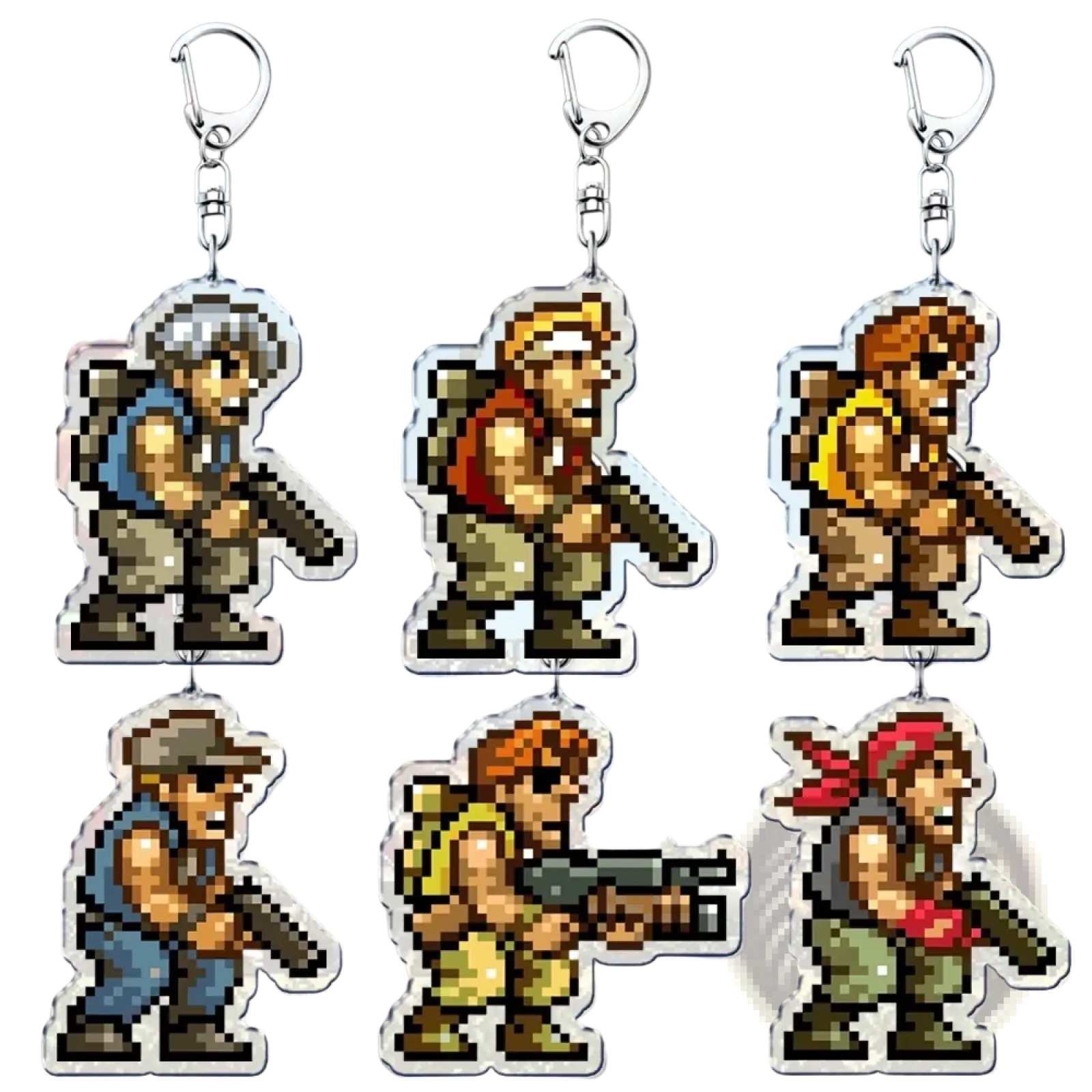 Metal slug pixel art anime gaming keychains featuring retro-style pixel soldier characters with silver metal clips