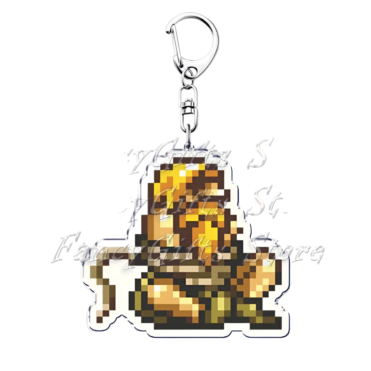 Metal Slug pixel art anime gaming keychain featuring a golden pixelated character with brown hair and greenish-yellow armor