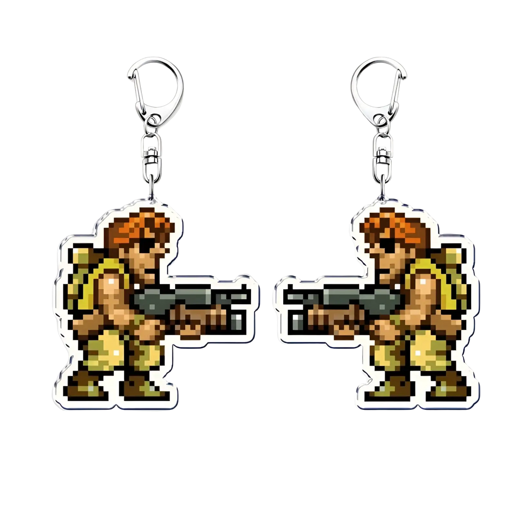 Metal slug pixel art anime gaming keychain featuring an orange-haired character in yellow armor holding a rifle