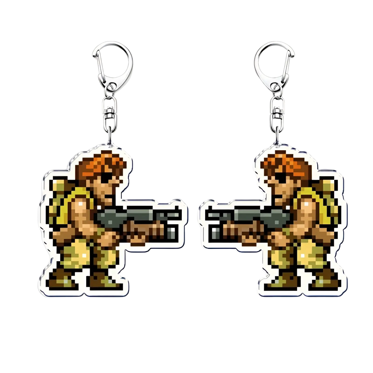 Metal slug pixel art anime gaming keychain featuring an orange-haired character in yellow armor holding a rifle