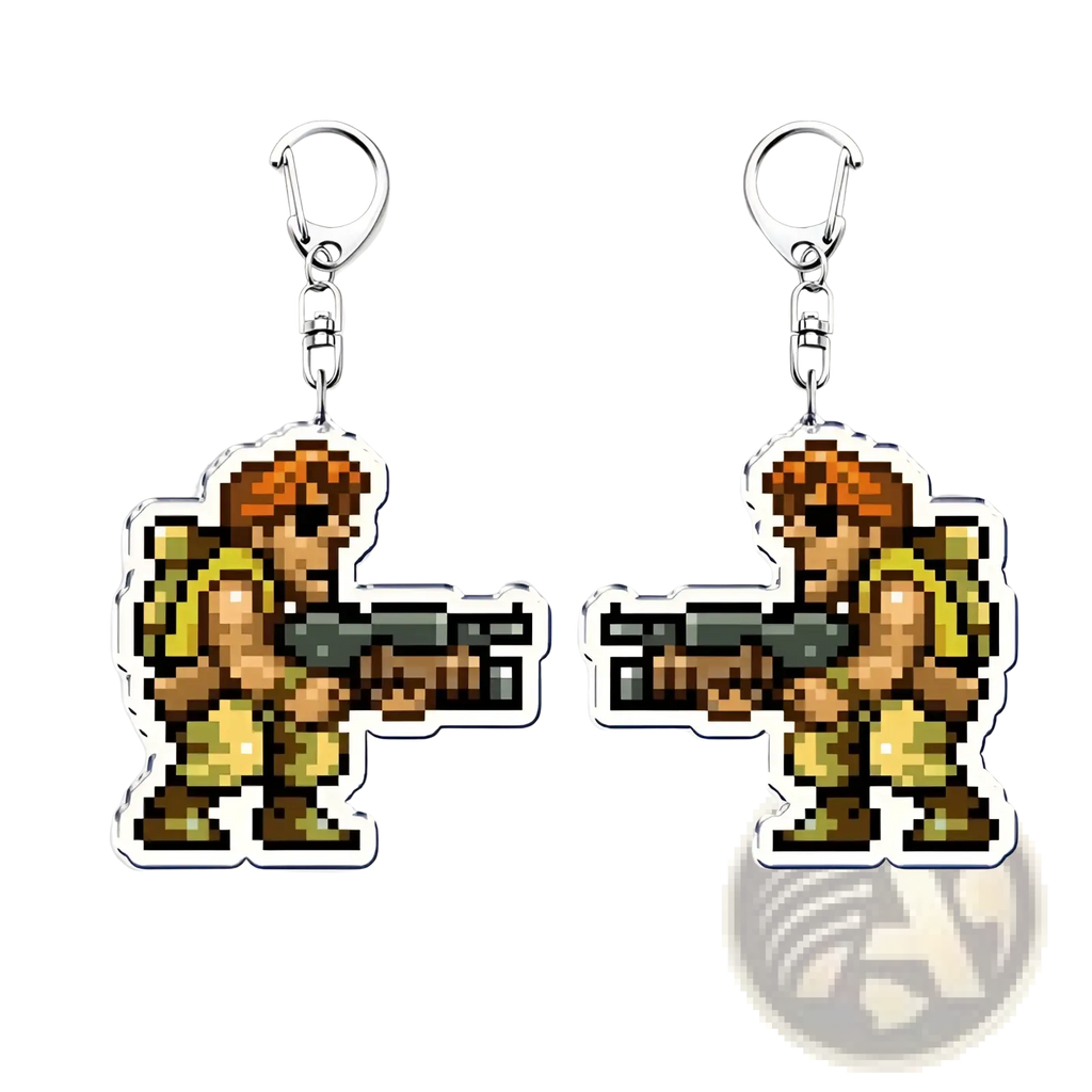 Metal slug pixel art anime gaming keychain featuring an orange-haired character in yellow armor holding a rifle