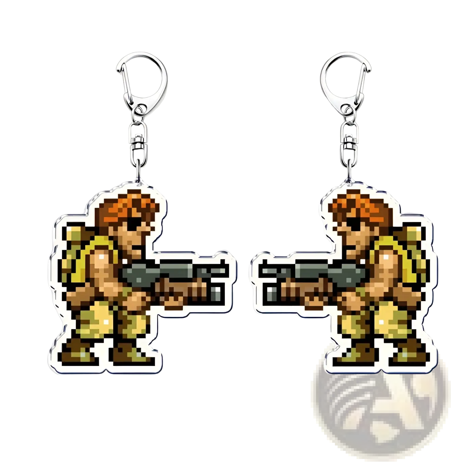 Metal slug pixel art anime gaming keychain featuring an orange-haired character in yellow armor holding a rifle