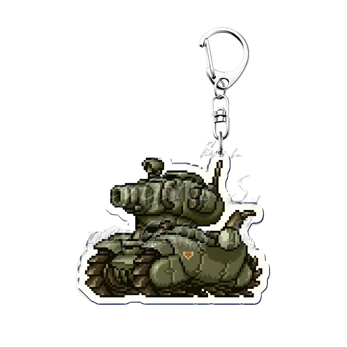 Olive green pixel art tank keychain with silver metal clasp from Metal Slug anime gaming collection