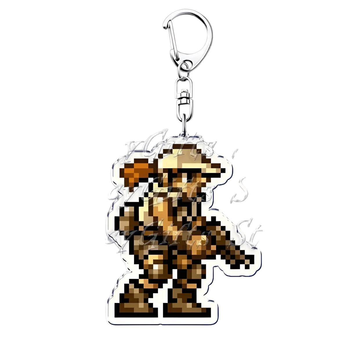 Metal slug pixel art anime gaming keychain featuring a pixelated brown and tan armored character with silver clasp
