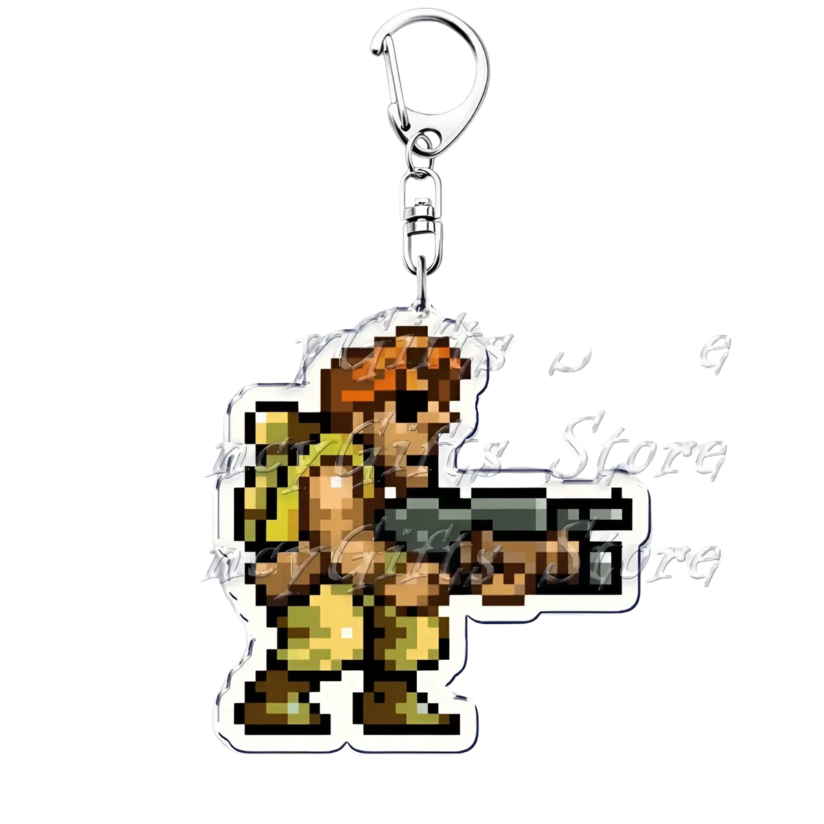Metal slug pixel art anime gaming keychain of a soldier in yellow-green camouflage with black rifle made of clear acrylic