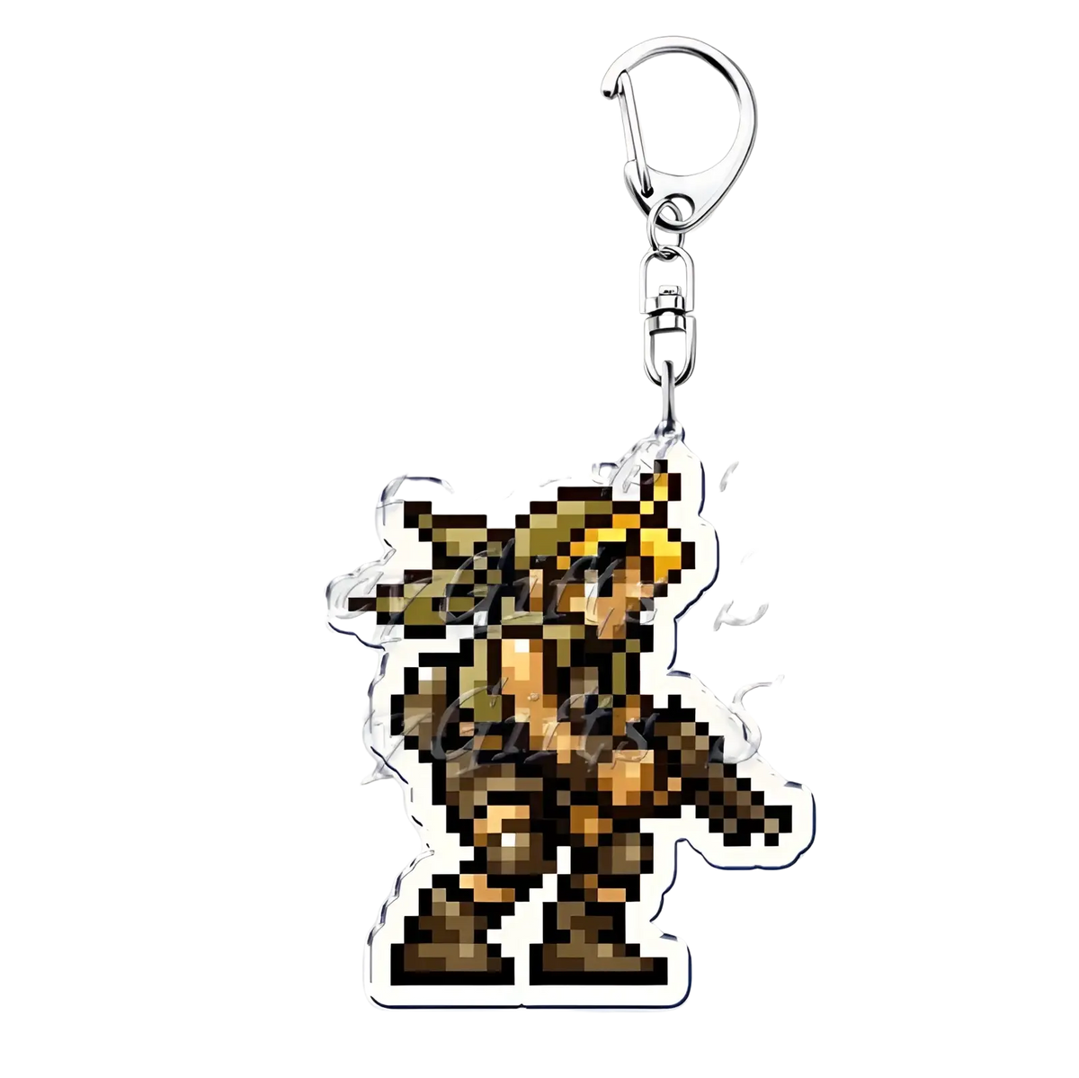 Metal slug pixel art anime gaming keychain featuring a pixelated golden-brown armored character with silver clasp