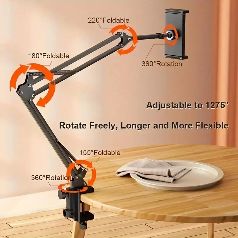 Black metal tablet clamp mount with multiple foldable joints and 360-degree rotation for adjustable bed positioning