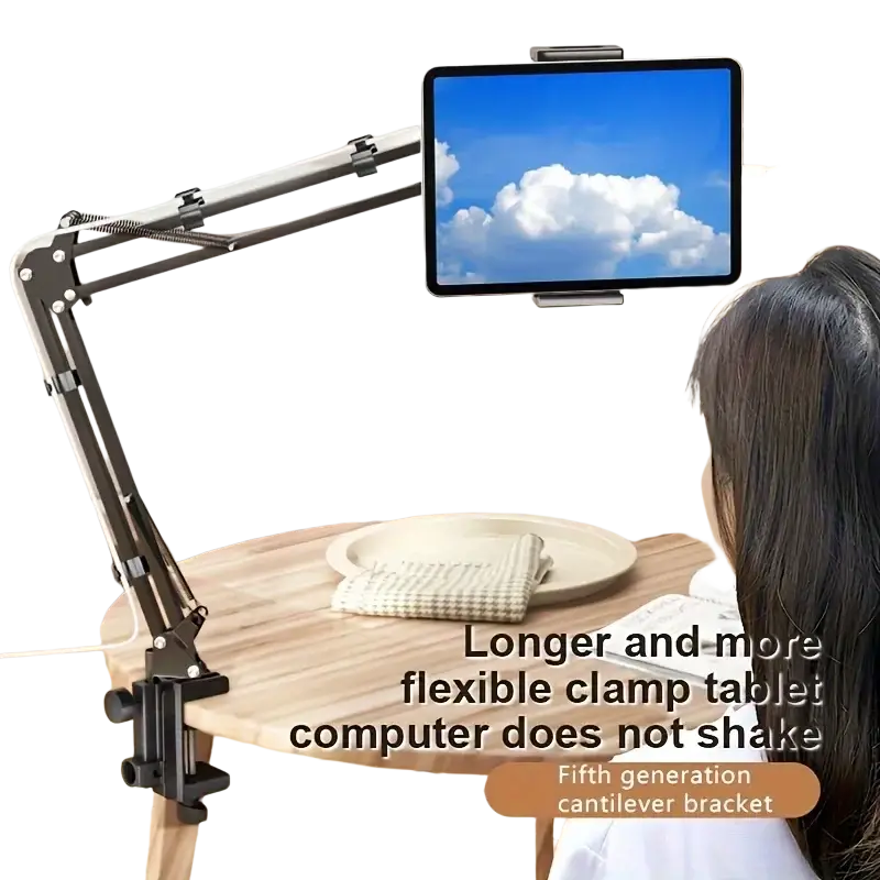 Black metal adjustable arm clamp holding a tablet securely in place for bed use in metal tablet clamp mount product