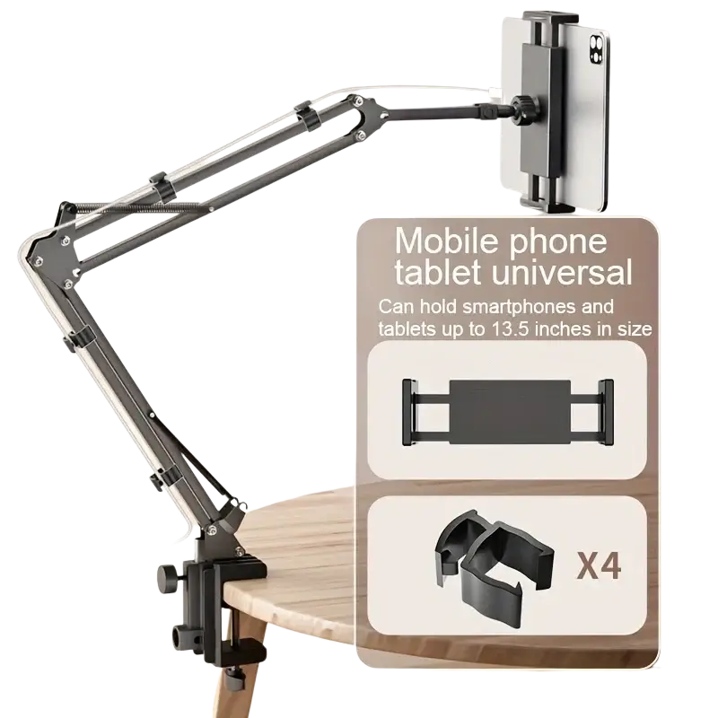 Black metal adjustable arm phone and tablet holder with clamp base for bed use shown from the back side