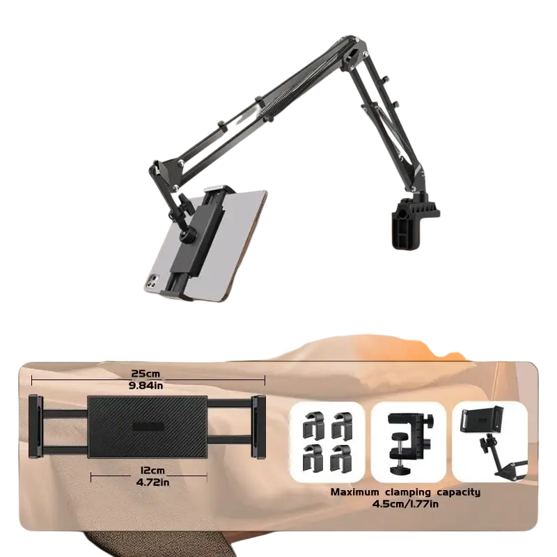 Black metal articulated tablet arm clamp mount with adjustable clamp and multiple mounting options for bed use