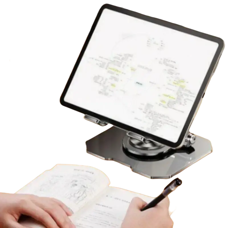 Adjustable silver metal tablet stand with sleek modern design featuring 360 degree rotation and foldable structure