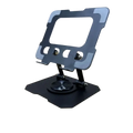 Black metal tablet stand with sleek angular design silver accent panels 360 rotatable foldable for versatile use
