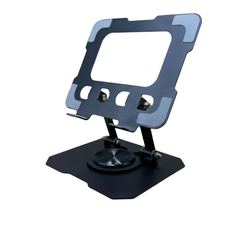 Black metal tablet stand with sleek angular design silver accent panels 360 rotatable foldable for versatile use
