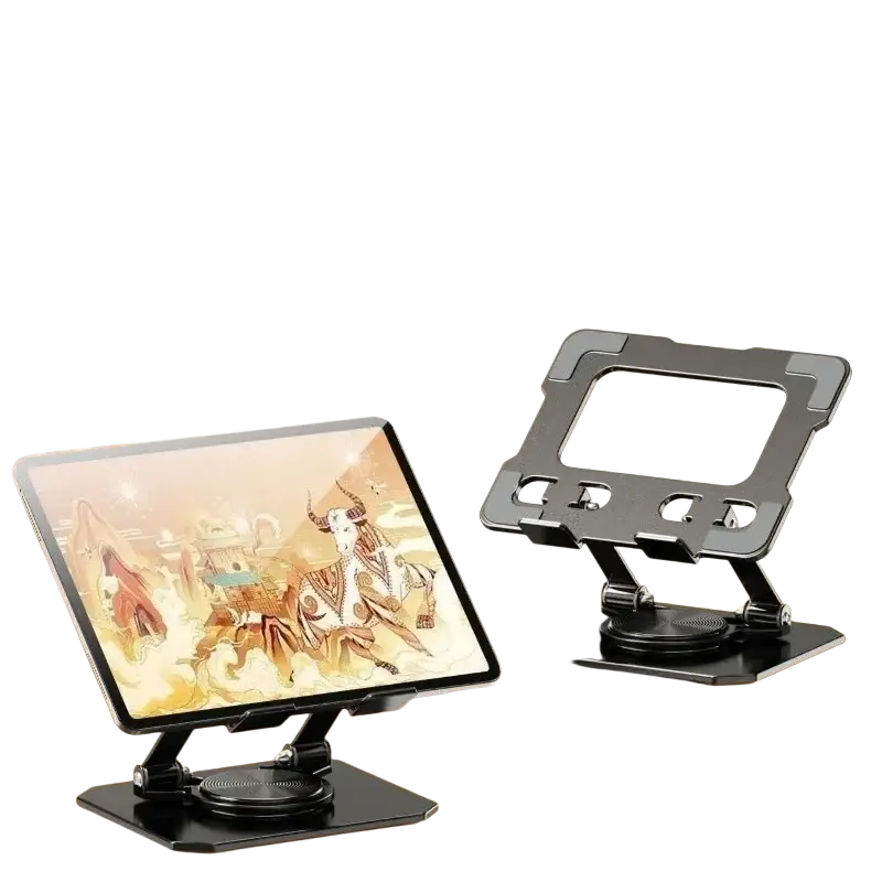 Black metal tablet stand with 360 rotatable foldable design and sturdy base for adjustable device support