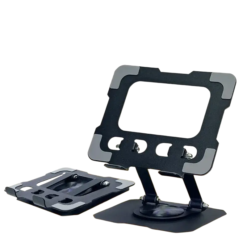 Black and gray metal tablet stand with 360 rotatable foldable design and sleek minimalist adjustable laptop use