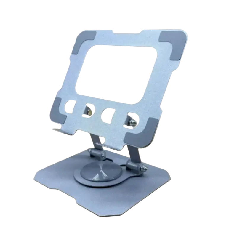 Silver metallic metal tablet stand 360 rotatable foldable with sleek minimalist design and adjustable viewing angle