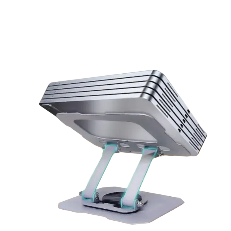 Silver metallic metal tablet stand with sleek angular design adjustable legs 360 rotatable foldable