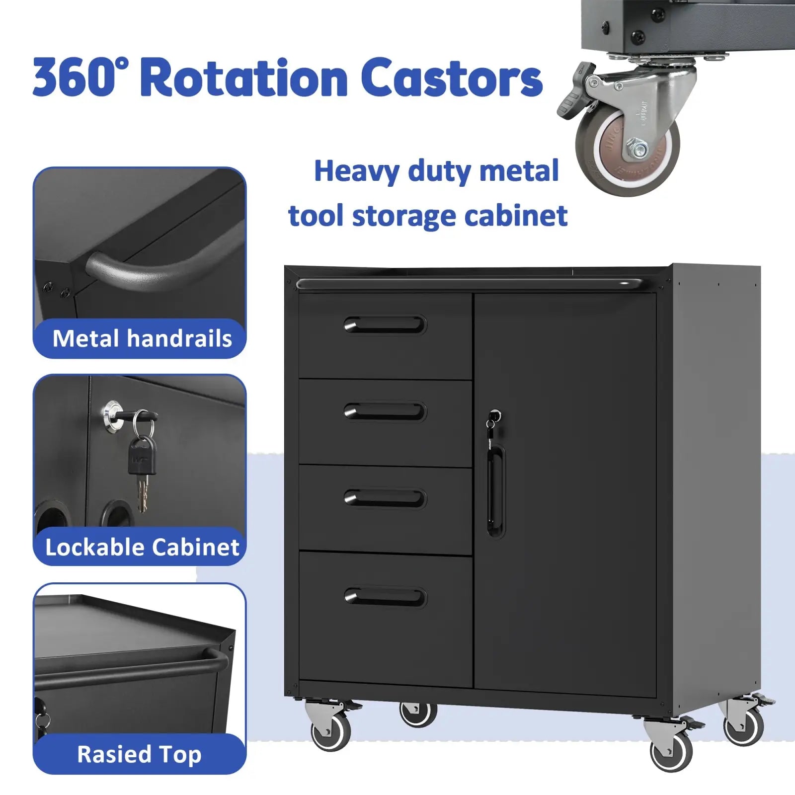 Black metal tool storage cabinet with 4 lockable drawers and 360° rotation casters for easy mobility