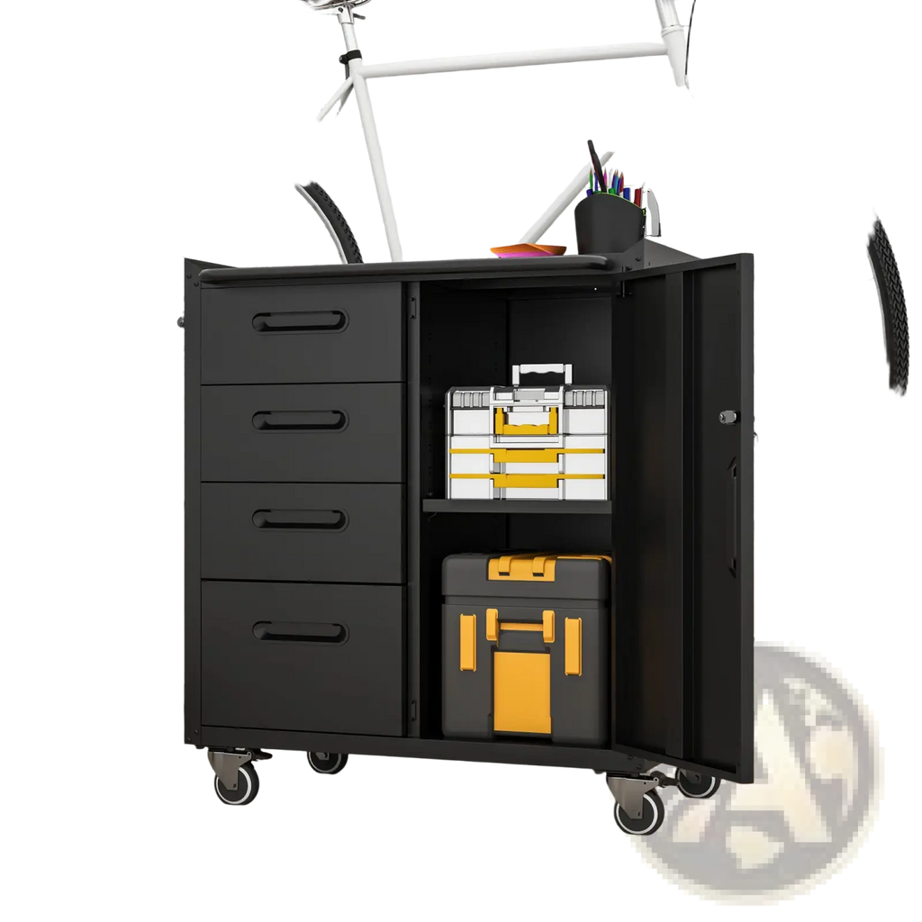 Black metal tool storage cabinet with four drawers open shelving compartment and casters for mobility