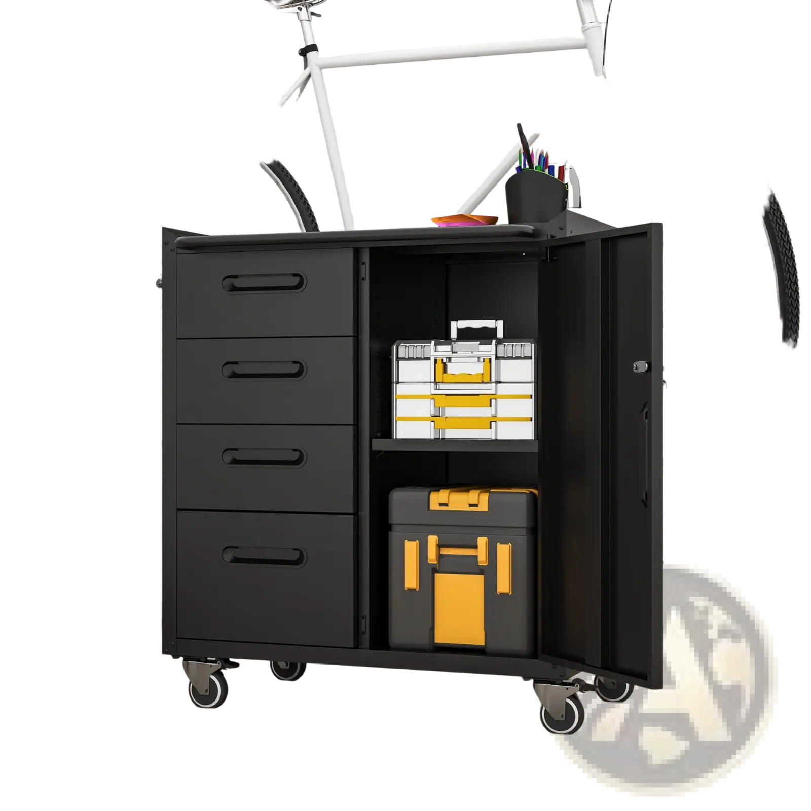 Black metal tool storage cabinet with four drawers open shelving compartment and casters for mobility