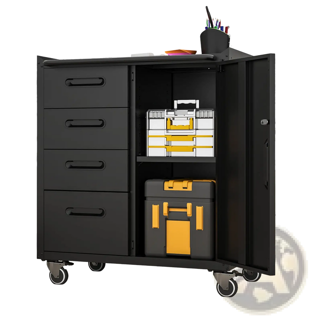 Black metal tool storage cabinet with 4 drawers and wheels showing open door with yellow storage boxes inside
