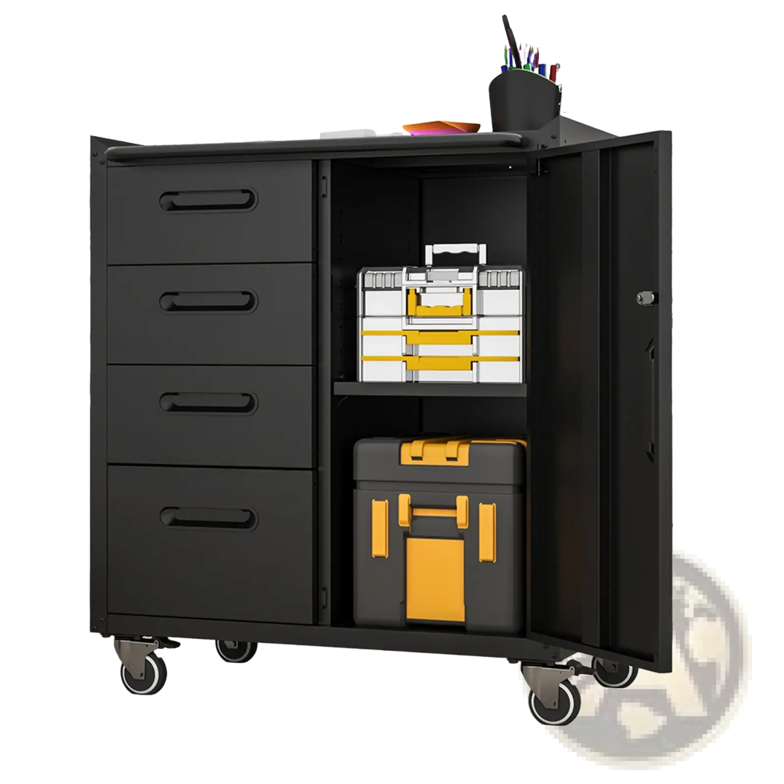 Black metal tool storage cabinet with 4 drawers and wheels showing open door with yellow storage boxes inside
