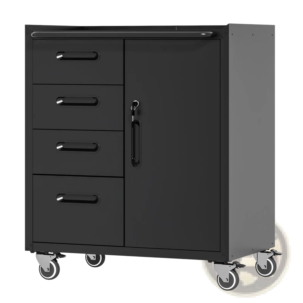 Black metal tool storage cabinet with four drawers keyed cabinet door and casters for mobility